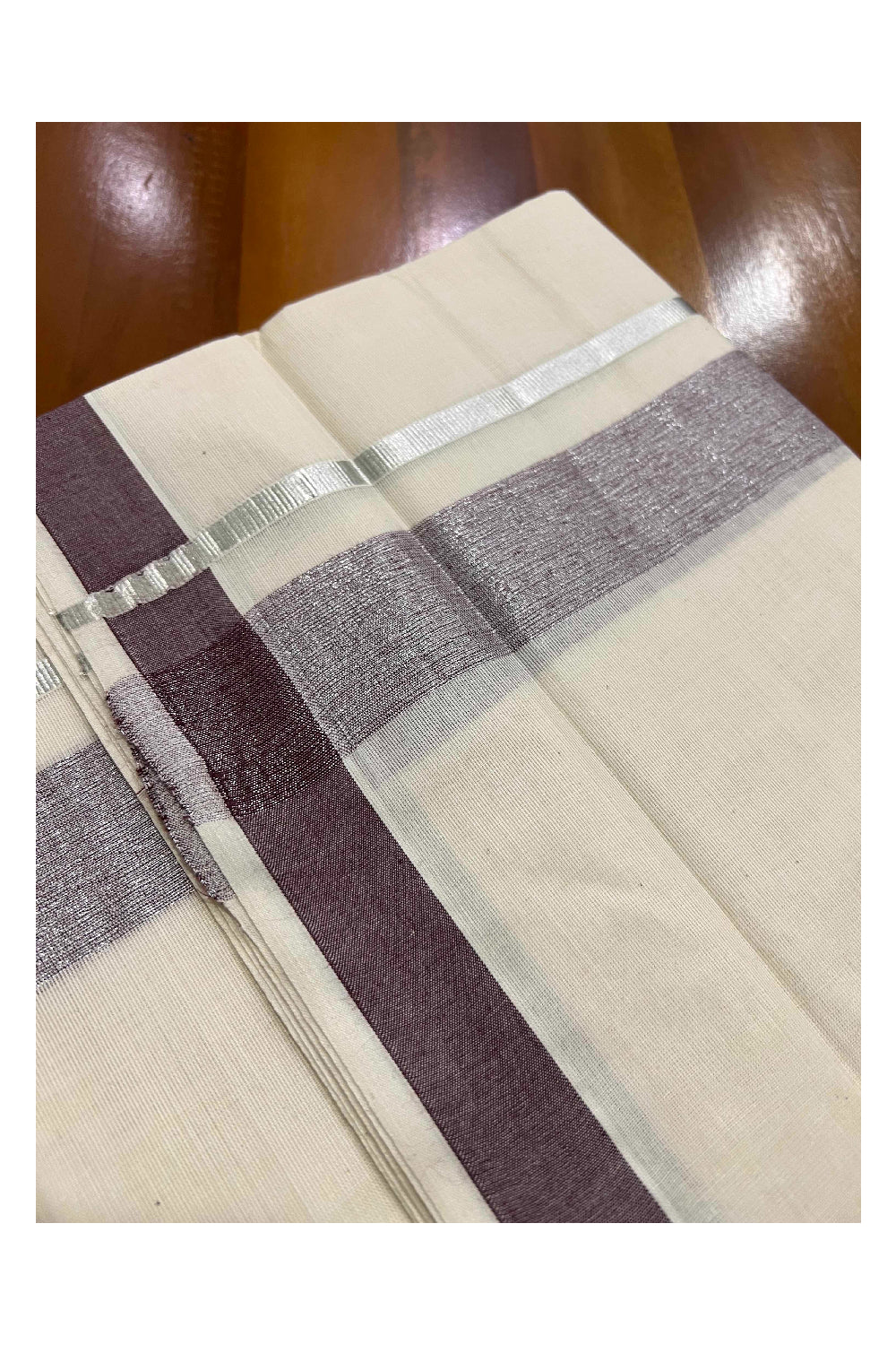 Off White Kerala Double Mundu with Silver Kasavu and Dark Brown Border (South Indian Dhoti)