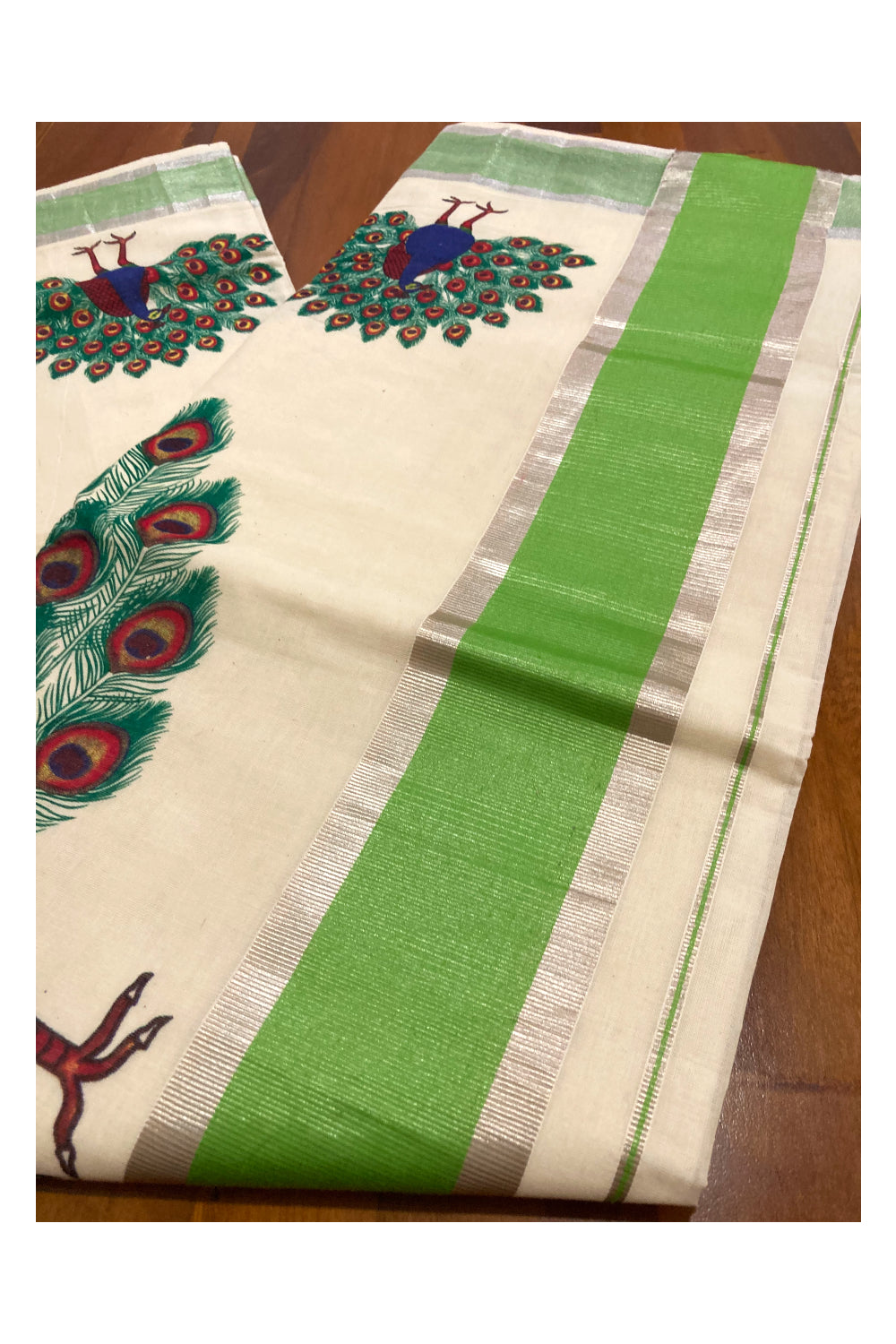 Pure Cotton Kerala Saree with Peacock Mural Prints and Silver Green Border