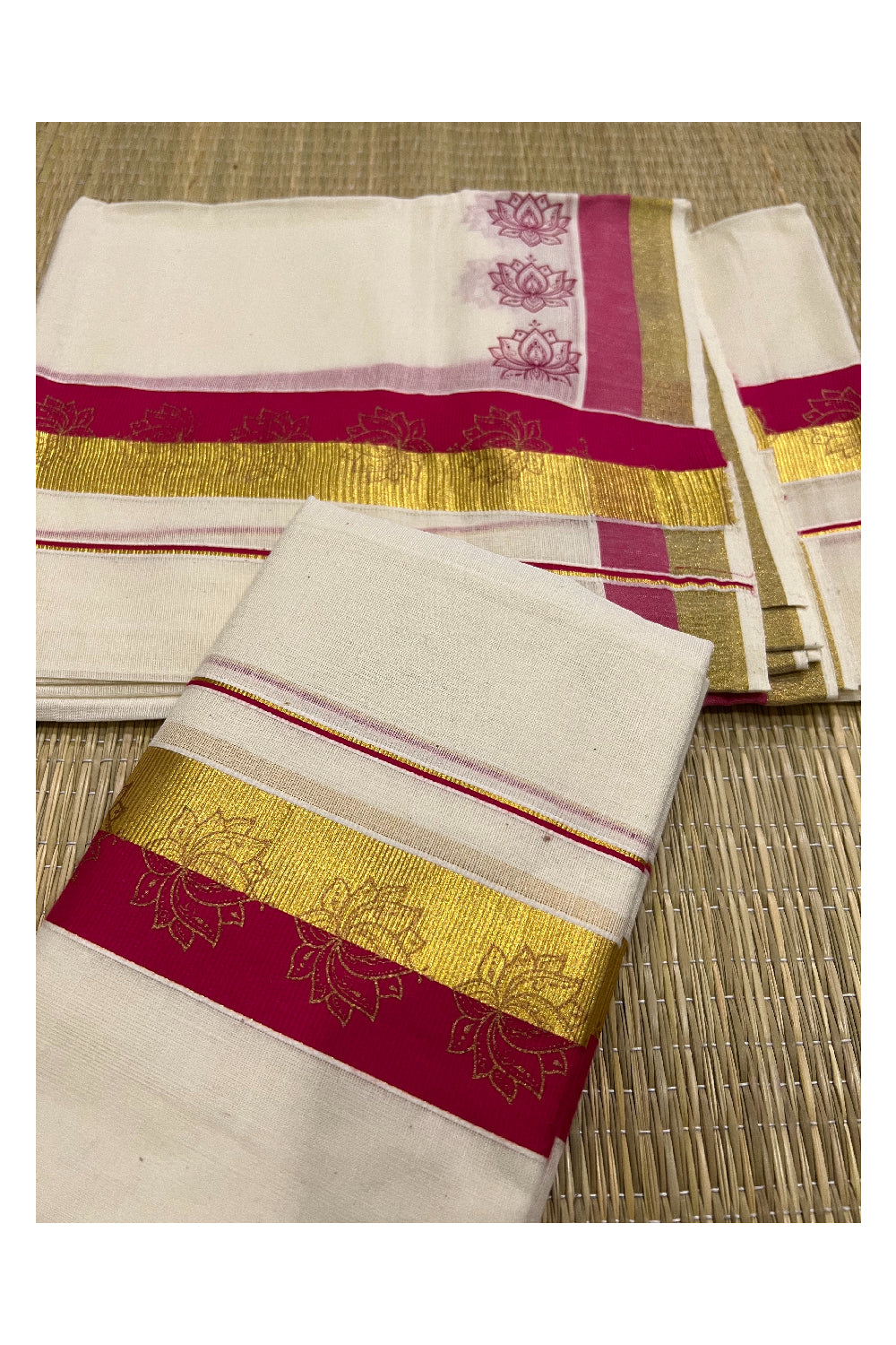 Kerala Cotton Kasavu Set Mundu (Mundum Neriyathum) with Dark Pink Floral Block Prints on Border 2.80 Mtrs