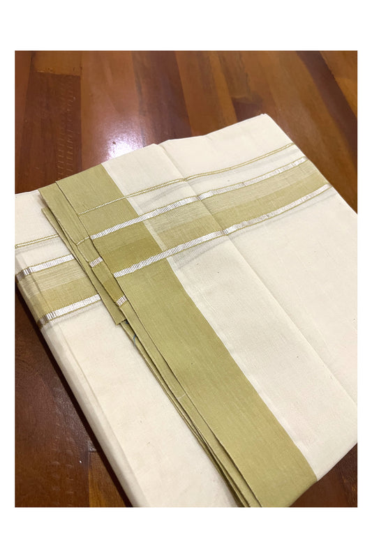 Pure Cotton Off White Double Mundu with Silver Kasavu and Green Border (South Indian Dhoti)