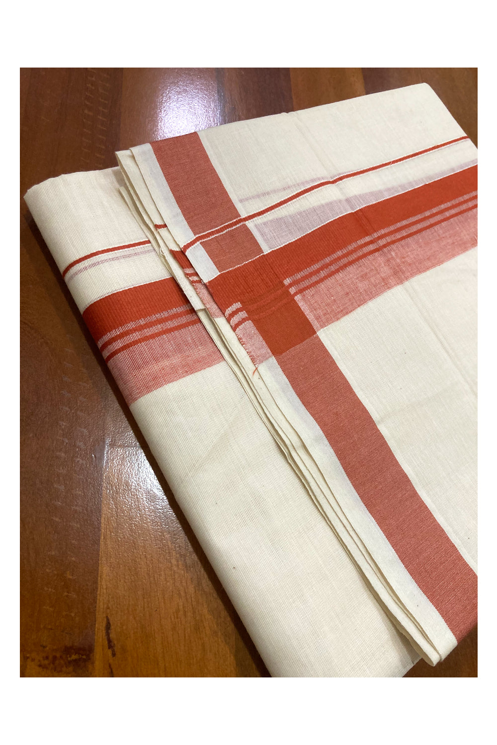 Off White Pure Cotton Double Mundu with Orange Border (South Indian Dhoti)