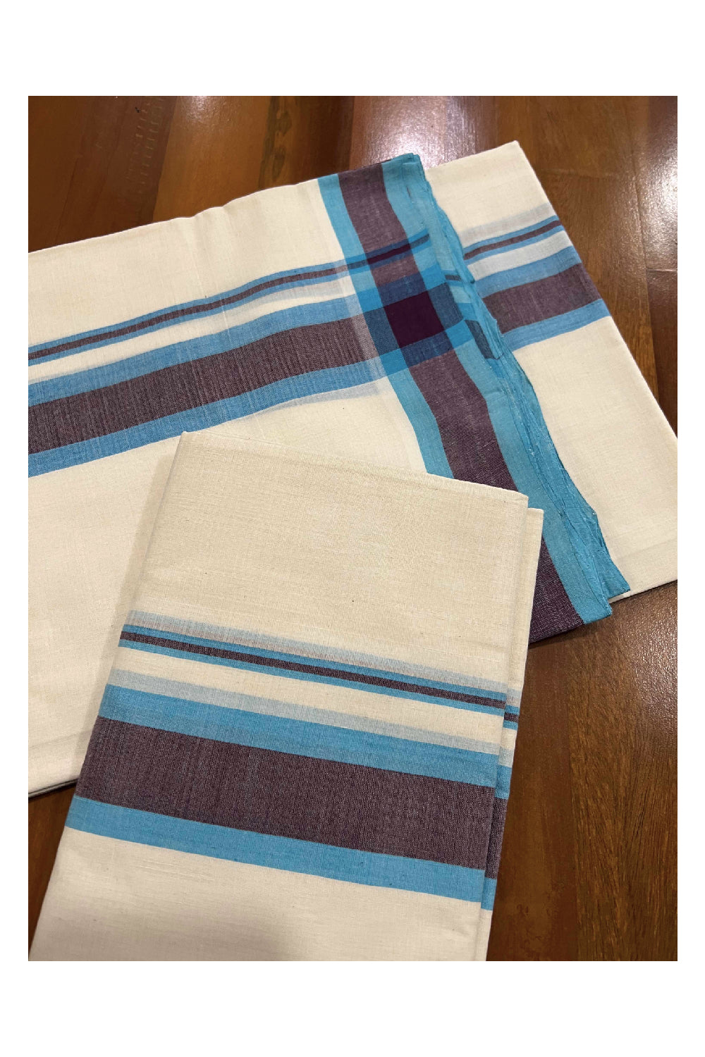 Southloom™ Unakkupaavu Premium Handloom Single Mundum Neriyathum (Set Mundu) with Blue and Purple Border