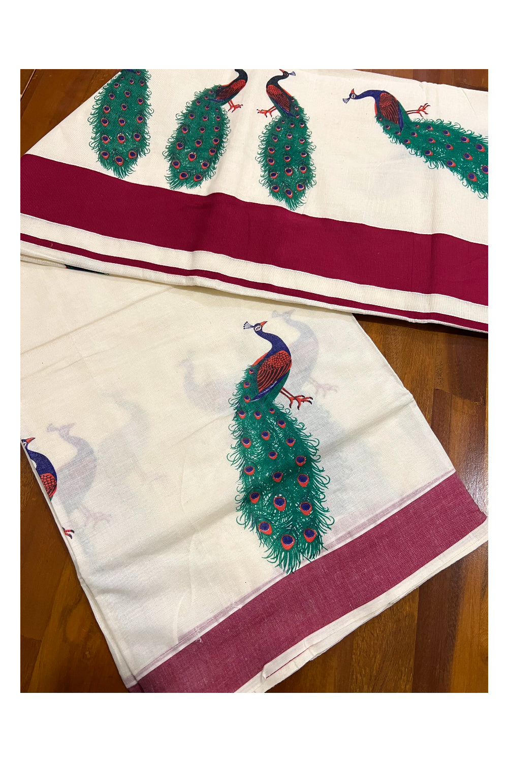 Kerala Pure Cotton Maroon Border Saree with Peacock Mural Printed Design