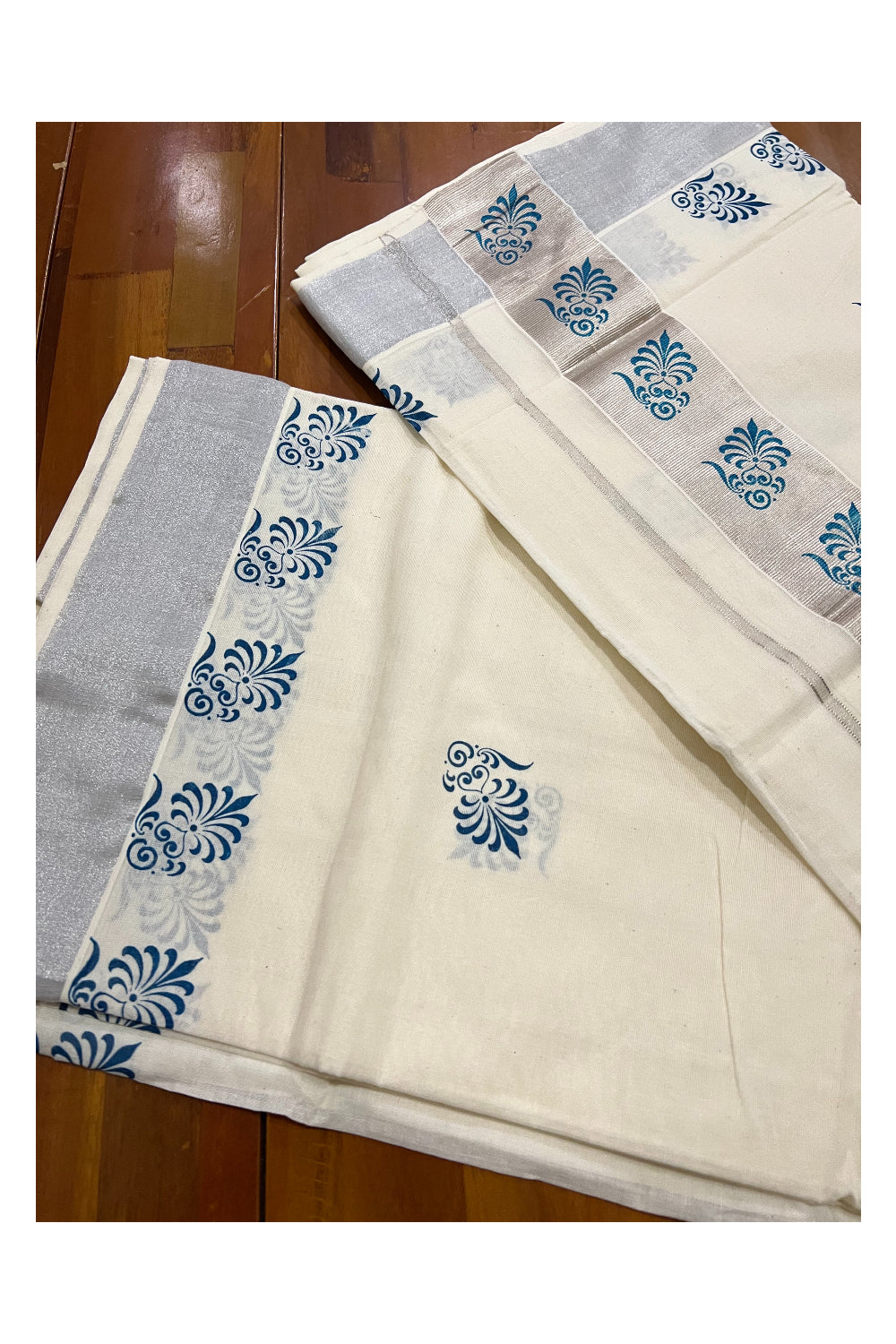 Pure Cotton Kerala Saree with Blue Floral Block Prints on Silver Border and Pallu