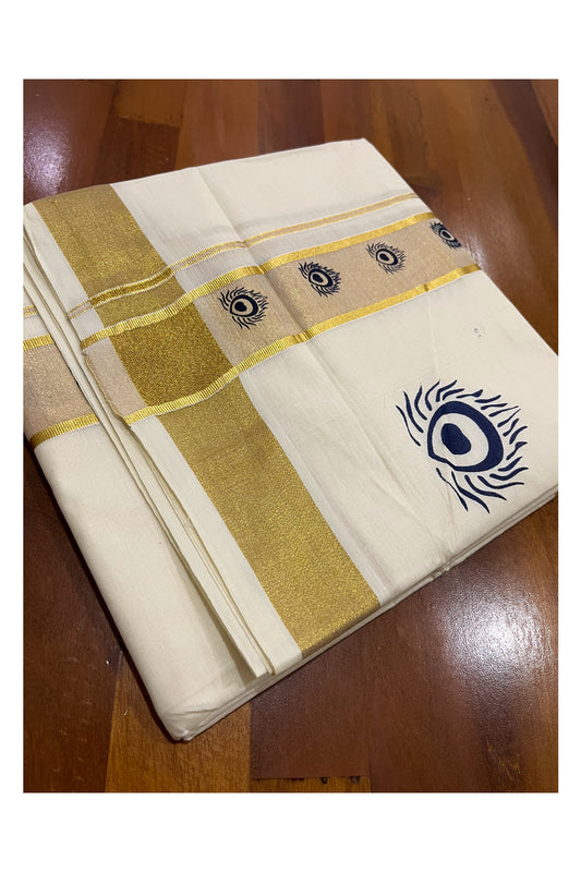 Pure Cotton Off White Double Mundu with Blue Block Prints on Kasavu Kara (South Indian Dhoti)