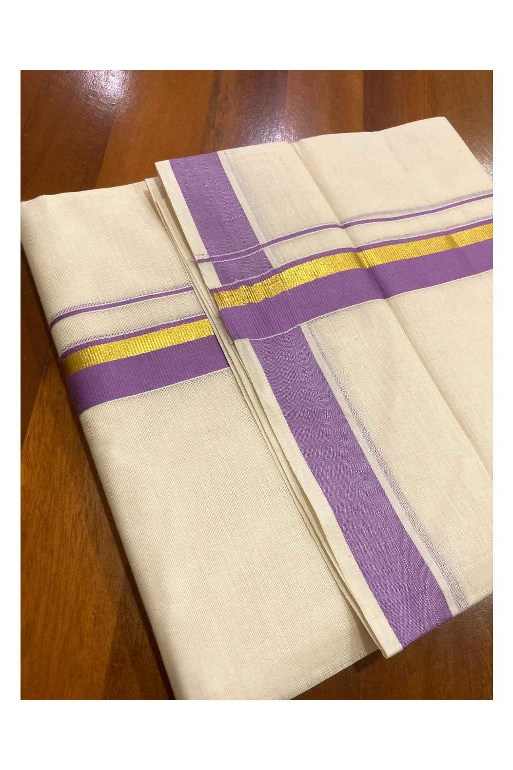 Pure Cotton Double Mundu with Violet and Kasavu Border (South Indian Kerala Dhoti)