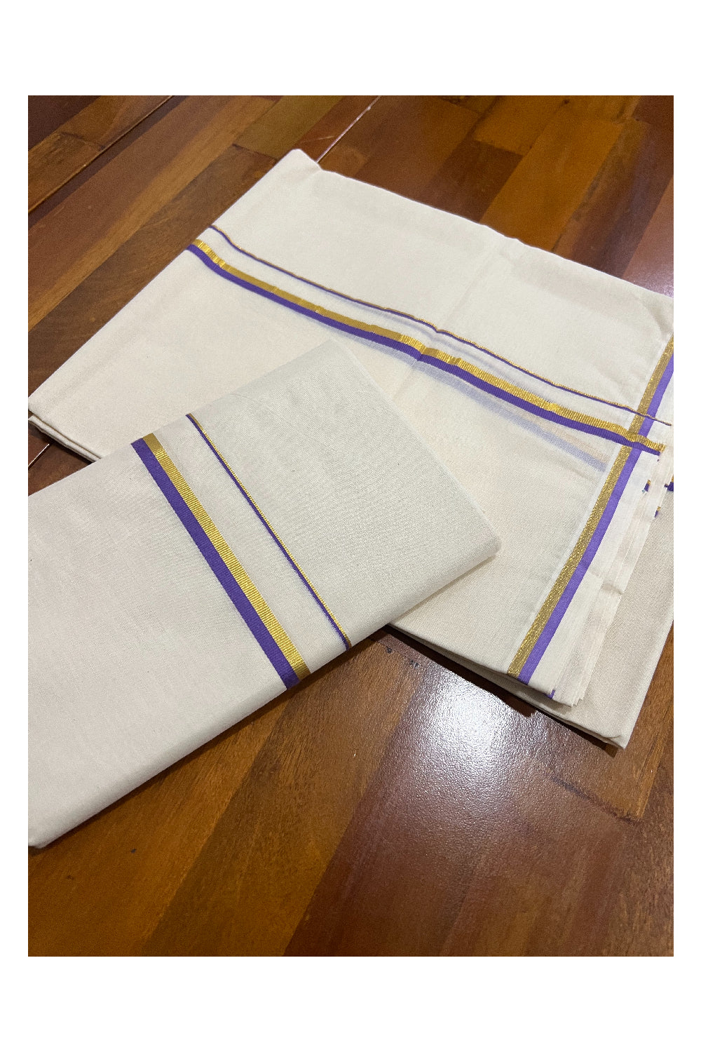 Kerala Cotton Set Mundu (Mundum Neriyathum) with 0.5 inch Kasavu and Violet Border 2.80 Mtrs