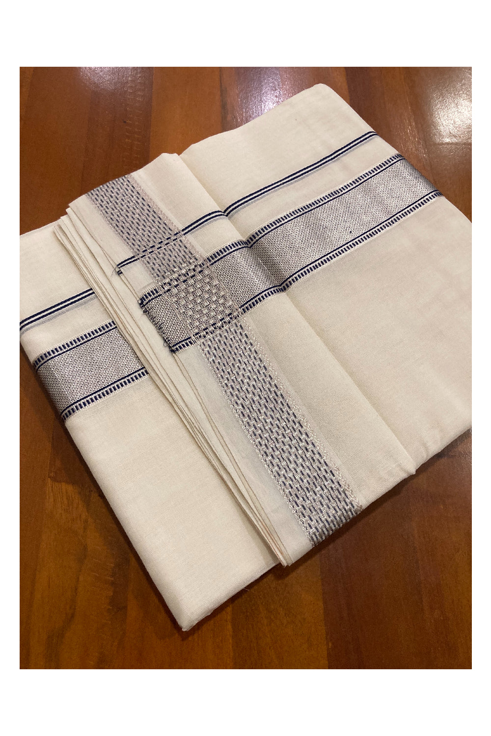 Southloom Premium Handloom Pure Cotton Mundu with Silver Kasavu and Navy Blue Design Border (South Indian Dhoti)