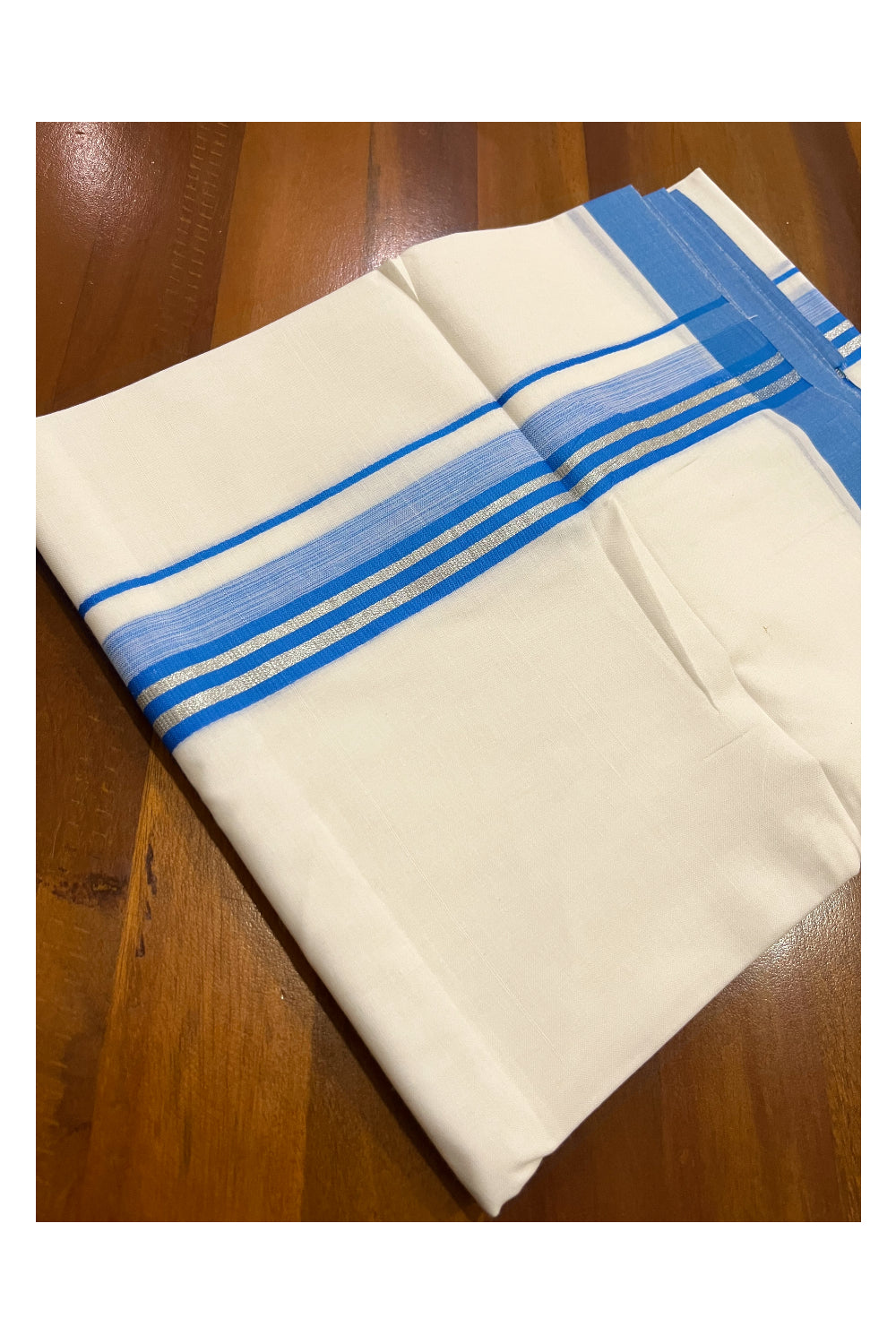 Pure White Cotton Double Mundu with Silver Kasavu and Blue Border (South Indian Dhoti)