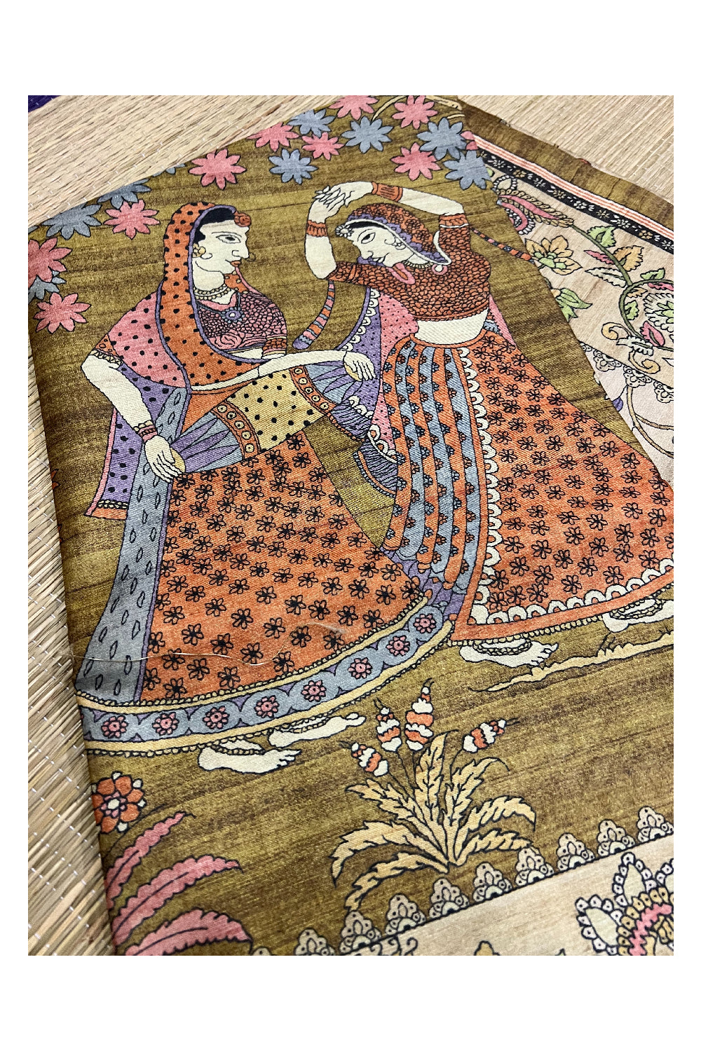 Southloom Tussar Silk Kalamkari Design Vishu Themed Krishna Radha Saree