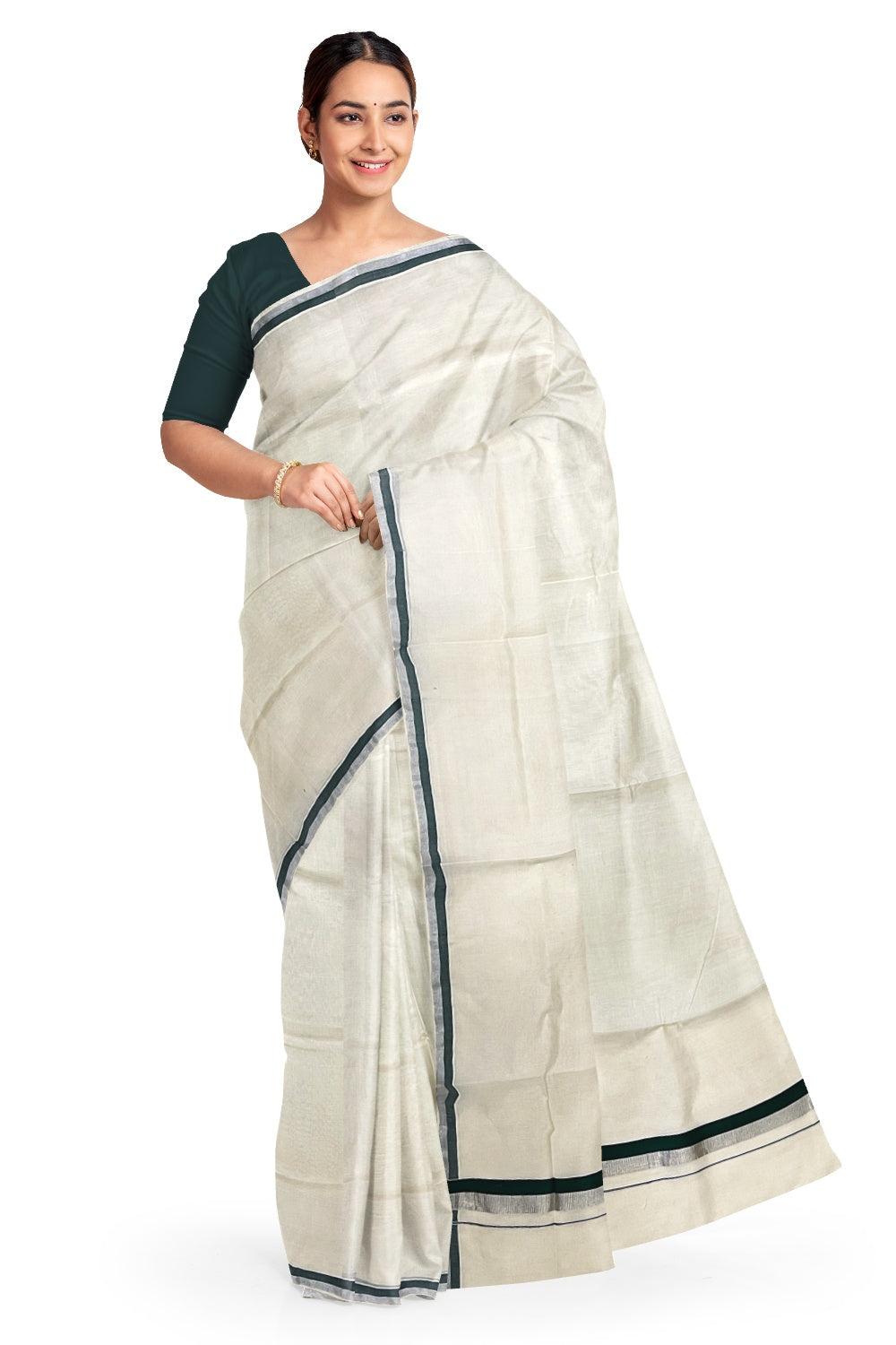 Kerala Pure Cotton Plain Saree with Silver Kasavu and Green Border