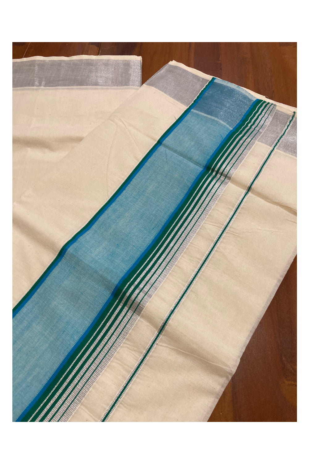 Pure Cotton Silver Kasavu Plain Saree with Green and Light Blue Border