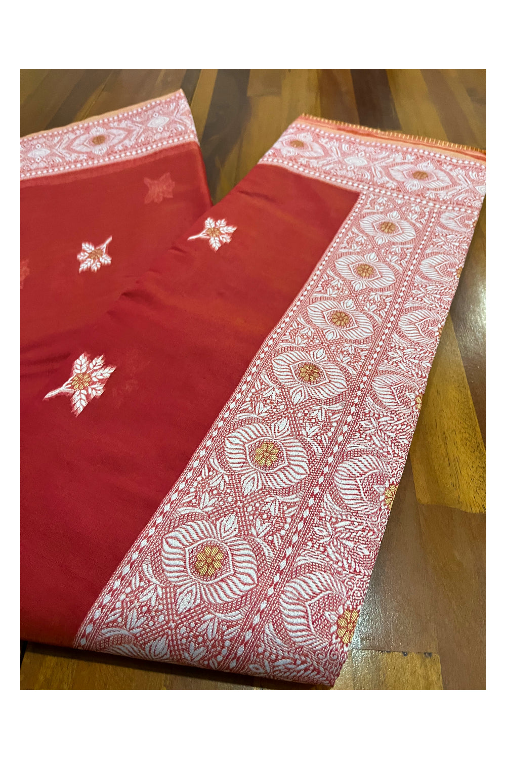 Southloom Cotton Dark Orange Saree with White Woven Designs on Border