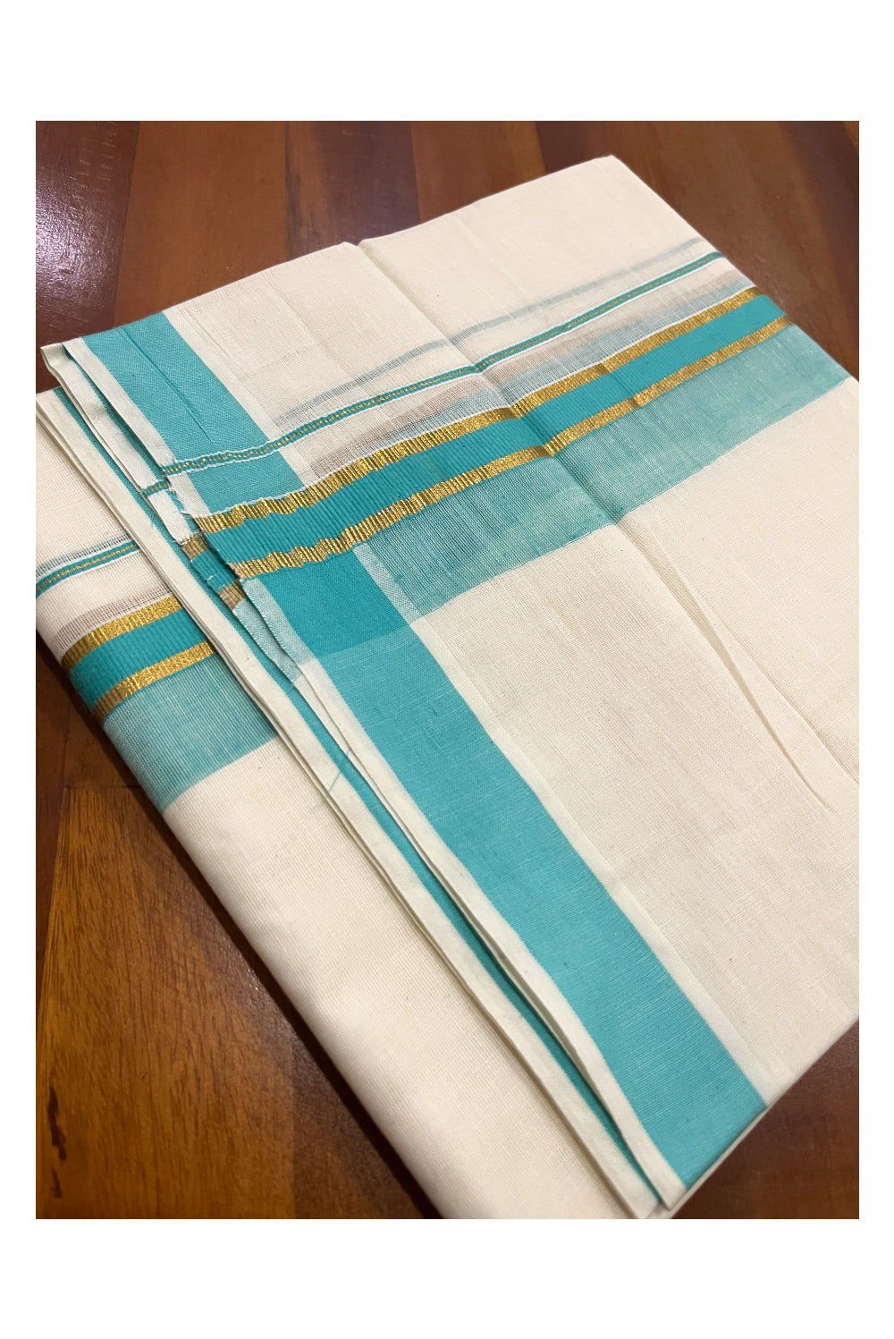 Pure Cotton Double Mundu with Turquoise and Kasavu Kara (South Indian Dhoti)