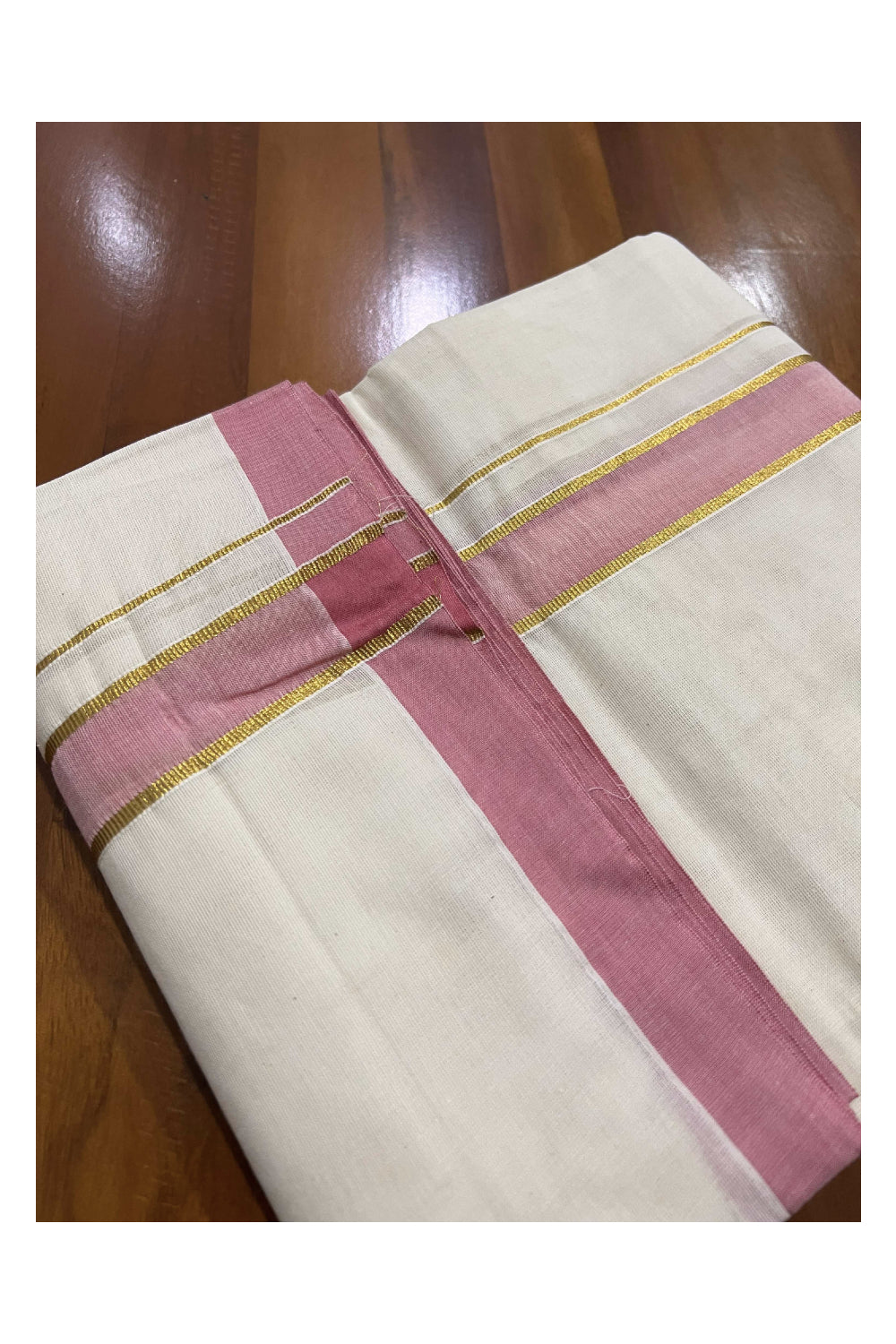 Off White Pure Cotton Double Mundu with Kasavu and Pink Kara (South Indian Dhoti)