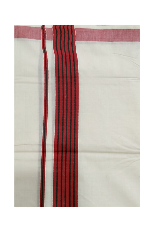 Off White Pure Cotton Mundu with Black lines on Maroon Border (South Indian Dhoti)