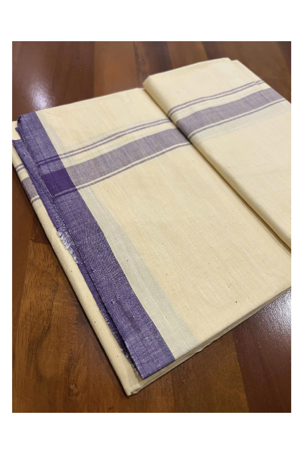 Southloom Premium Handloom Bright Yellow Single Mundu with Violet Border (Lungi)