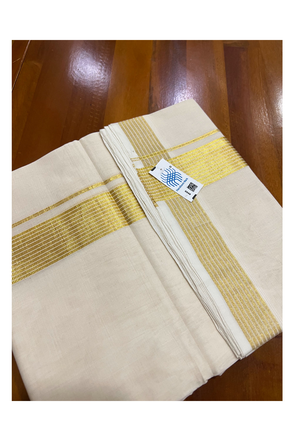 Southloom Super Premium Unakkupaavu Handloom Double Mundu with White Lines on 2 inch Kasavu Border (South Indian Kerala Dhoti)
