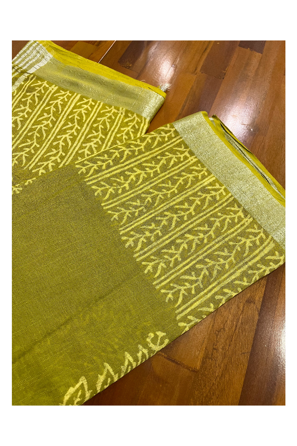 Southloom Linen Light Green Designer Saree with White Prints and Tassels on Pallu