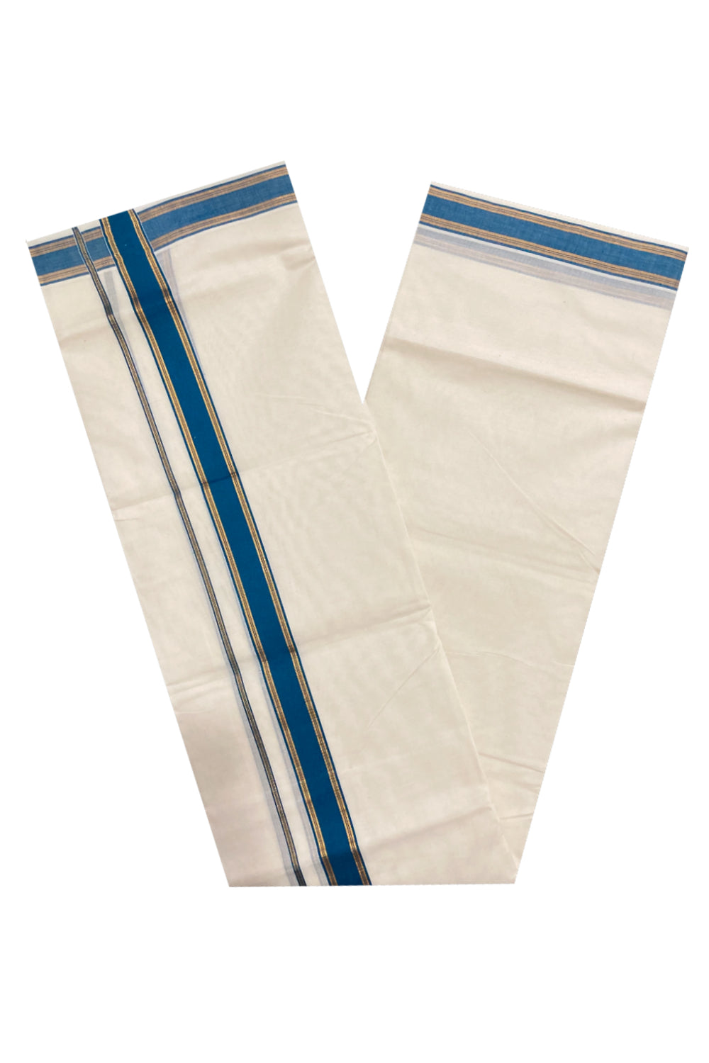 Off White Kerala Double Mundu with Kasavu and Dark Teal Blue Border (South Indian Dhoti)