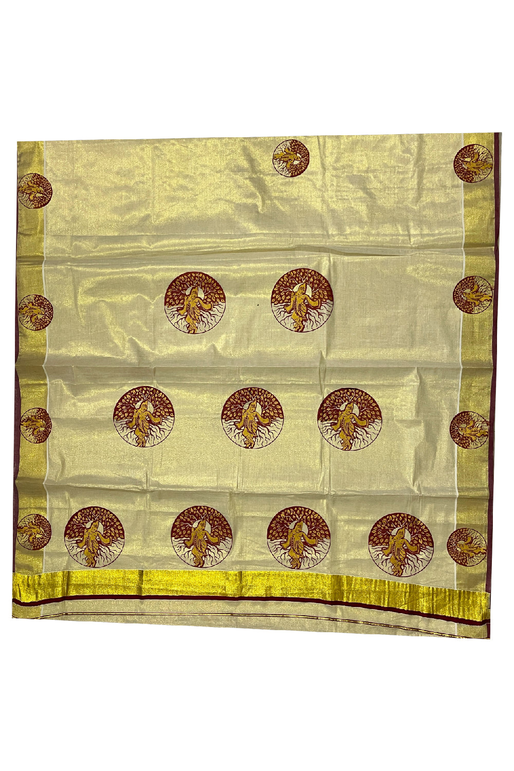 Kerala Tissue Kasavu Maroon Golden Krishna Block Printed Design Saree