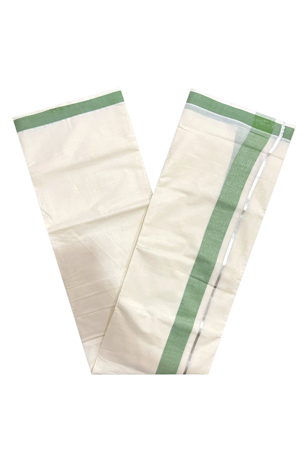 Off White Kerala Double Mundu with Silver Kasavu and Green Kara (South Indian Dhoti)