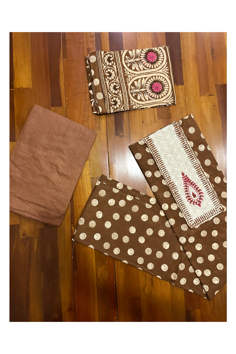 Southloom™ Cotton Churidar Salwar Suit Material in Brown with Polka Prints