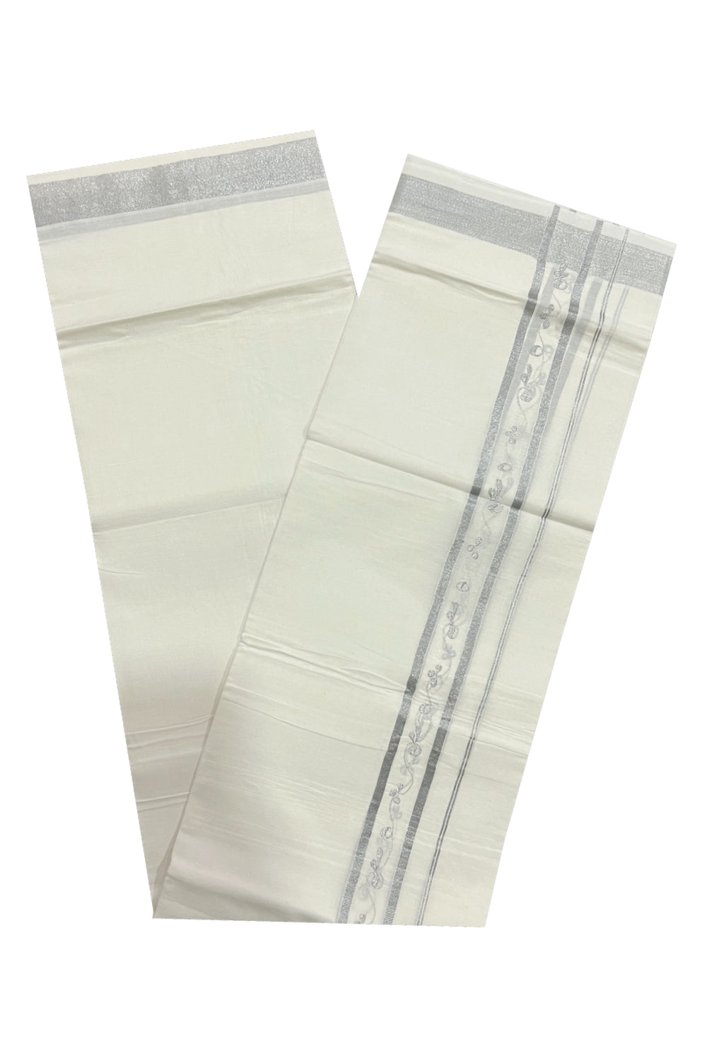 Pure White Cotton Double Mundu with Silver Kasavu Woven Border (South Indian Dhoti)