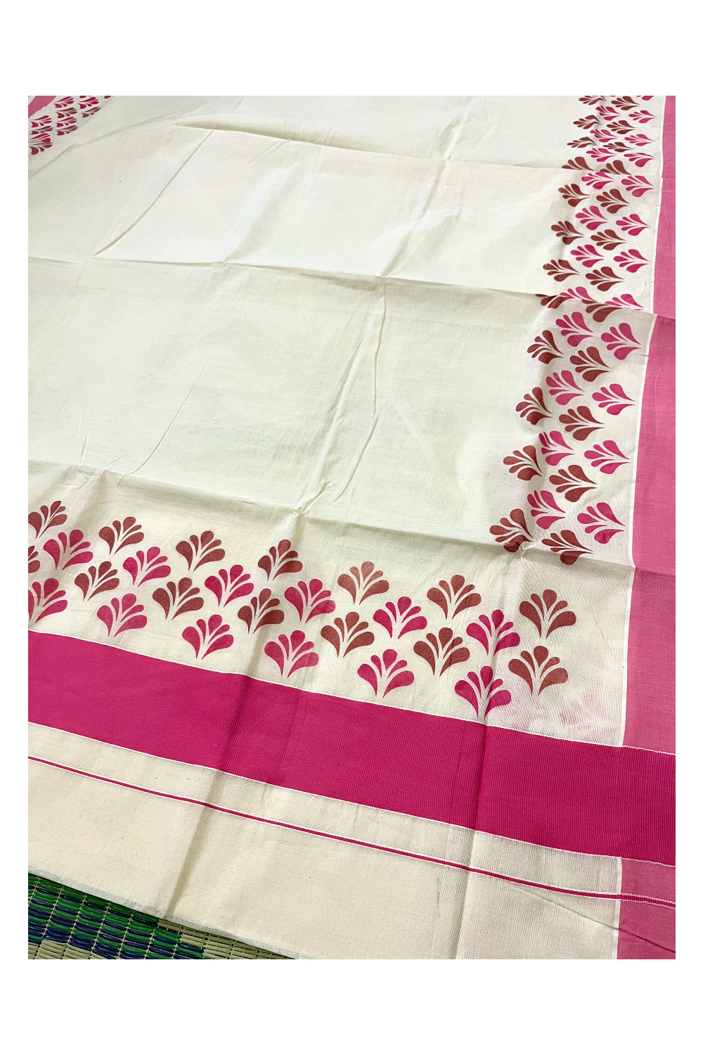 Pure Cotton Off White Kerala Saree with Pink Block Prints in Pink Border