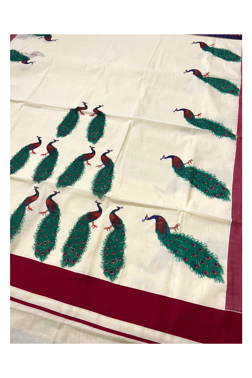 Kerala Pure Cotton Maroon Border Saree with Peacock Mural Printed Design