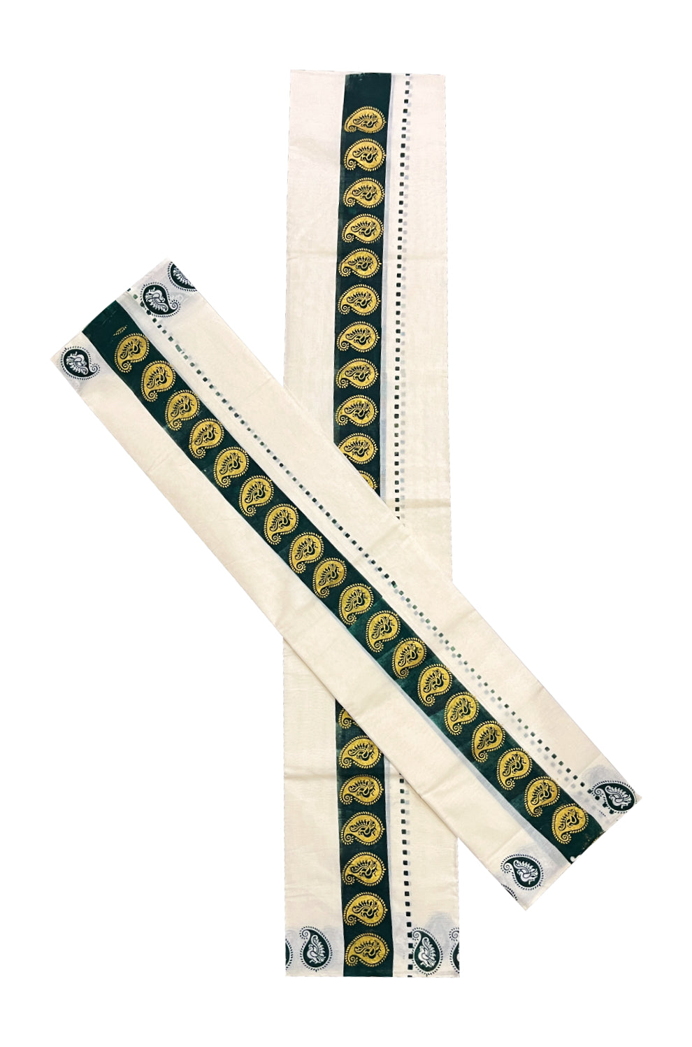 Kerala Cotton Set Mundu (Mundum Neriyathum) with Golden Paisley Block Prints on Green Border 2.80 Mtrs