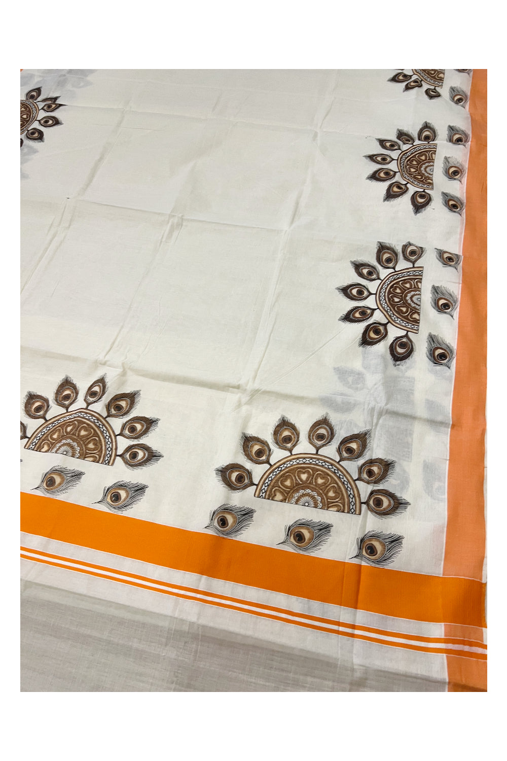 Kerala Pure Cotton Saree with Mural Printed Semi Circle Feather Design and Orange Border