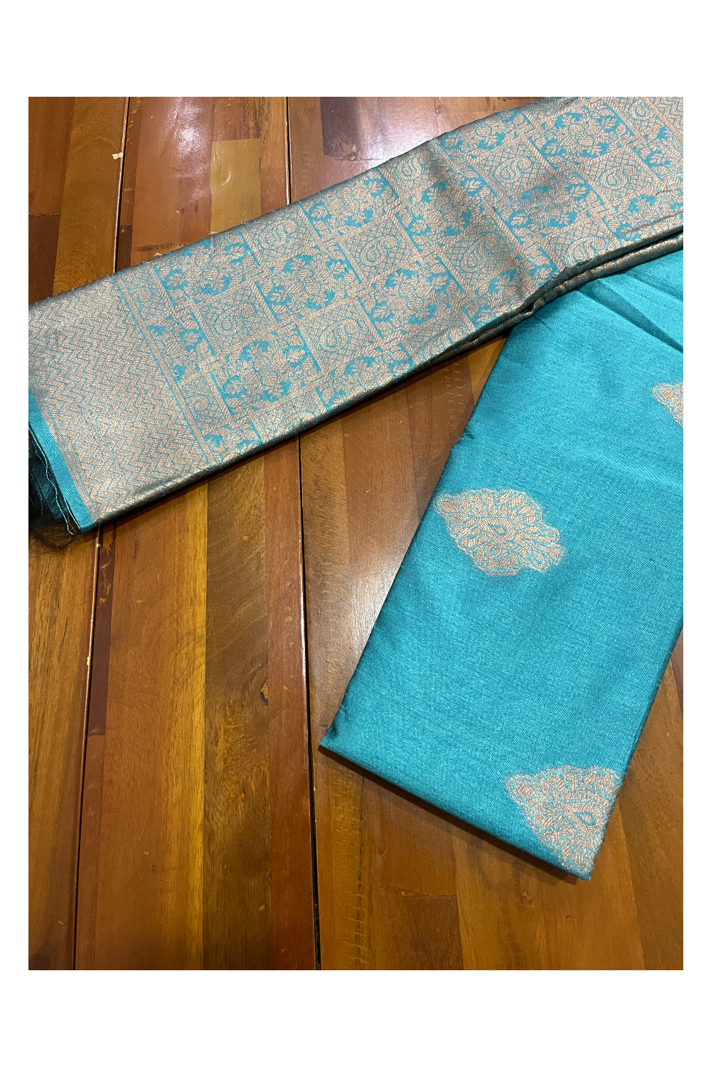 Southloom Cotton Silk Turquoise Designer Saree with Kasavu Woven Works on Pallu