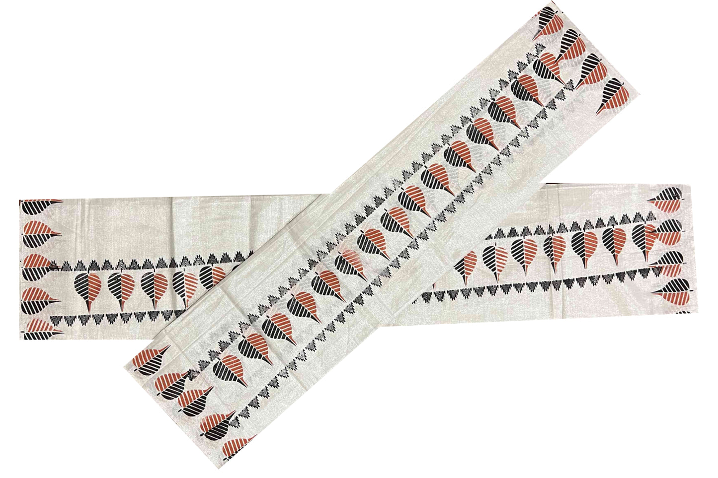 Kerala Silver Tissue Kasavu Set Mundu (Mundum Neriyathum) with Black and Orange Block Printed Border