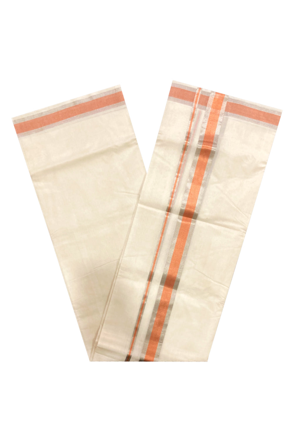 Southloom™ Premium Handloom Mundu with Silver and Copper Kasavu Border (South Indian Kerala Dhoti) 2 inch