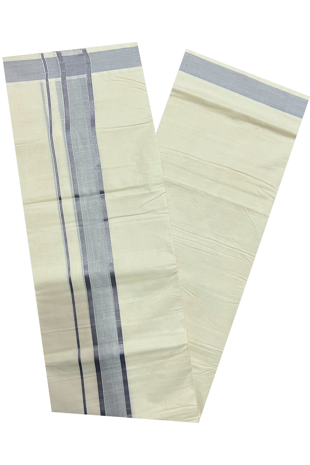 Pure Cotton Off White Double Mundu with Grey and Silver Kasavu Border (South Indian Dhoti)