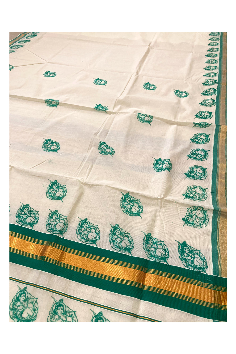 Pure Cotton Kerala Saree with Green Krishna Block Printed Design and Kasavu Border