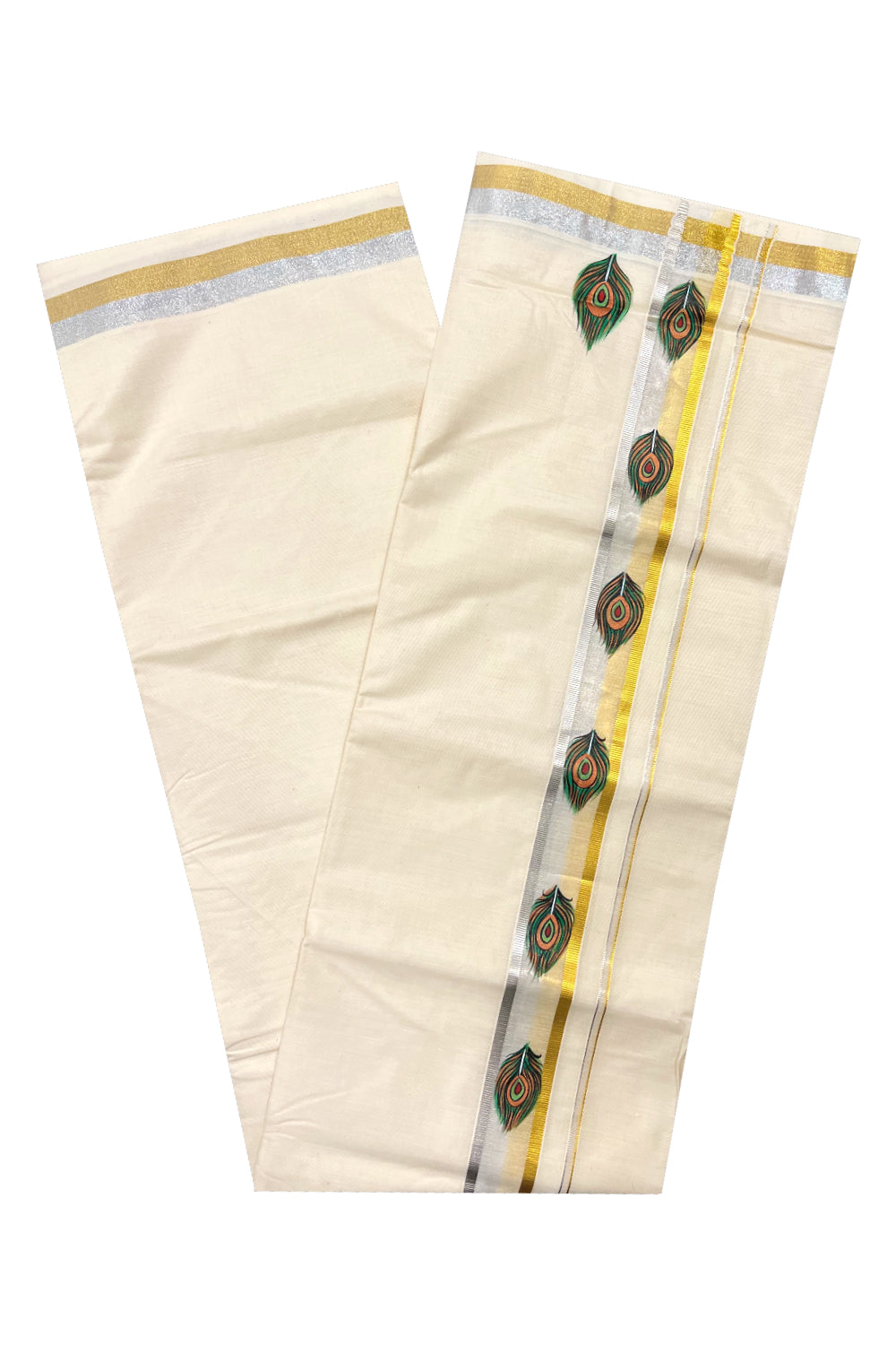 Pure Cotton Silver Golden Kasavu Mundu with Mural Hand Painted Feather Design (South Indian Dhoti)