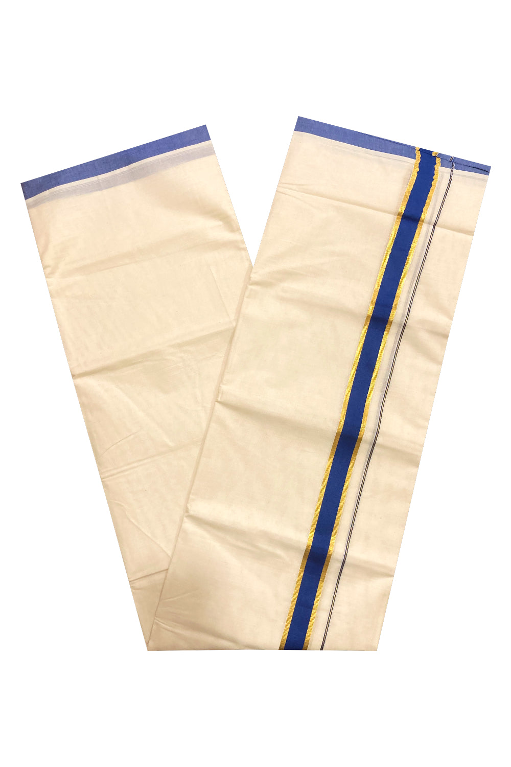 Off White Pure Cotton Double Mundu with Kasavu and Blue Border (South Indian Dhoti)