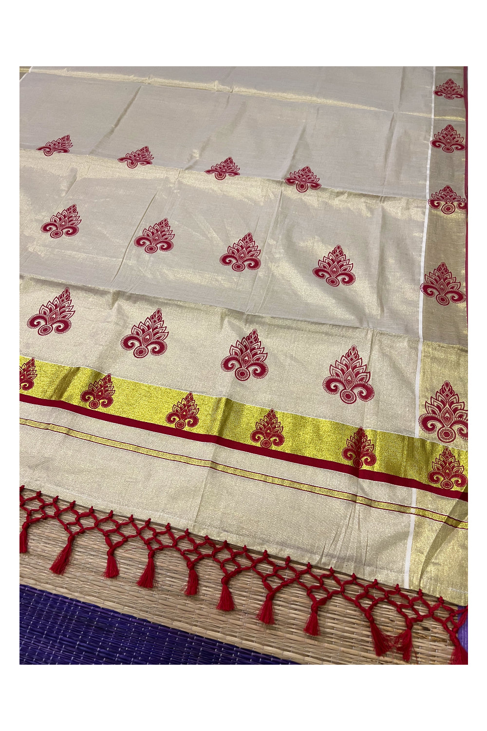 Kerala Tissue Kasavu Saree with Red Block Printed Design and Tassels Work on Pallu