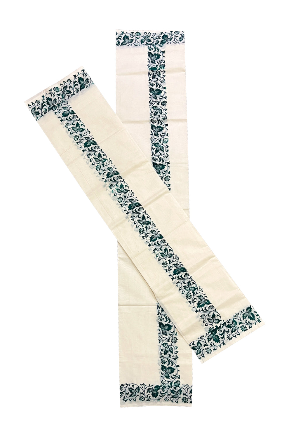 Kerala Cotton Set Mundu (Mundum Neriyathum) with Green Floral Block Prints on Border 2.80 Mtrs