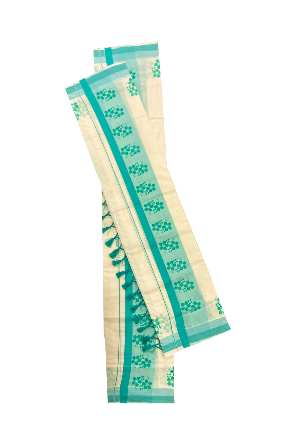 Kerala Cotton Mundum Neriyathum Single (Set Mundu) with Turquoise Floral Block Print Border and Tassels Work