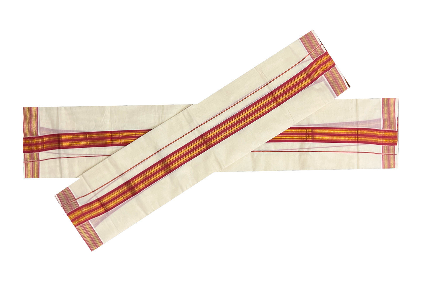 Kerala Cotton Mundum Neriyathum Single (Set Mundu) with Brick Red and Kasavu Border