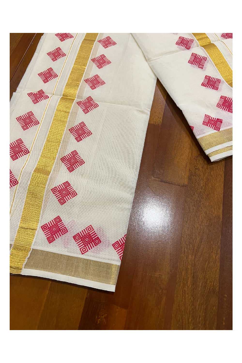 Kerala Cotton Kasavu Set Mundu (Mundum Neriyathum) with Red Block Prints on Border