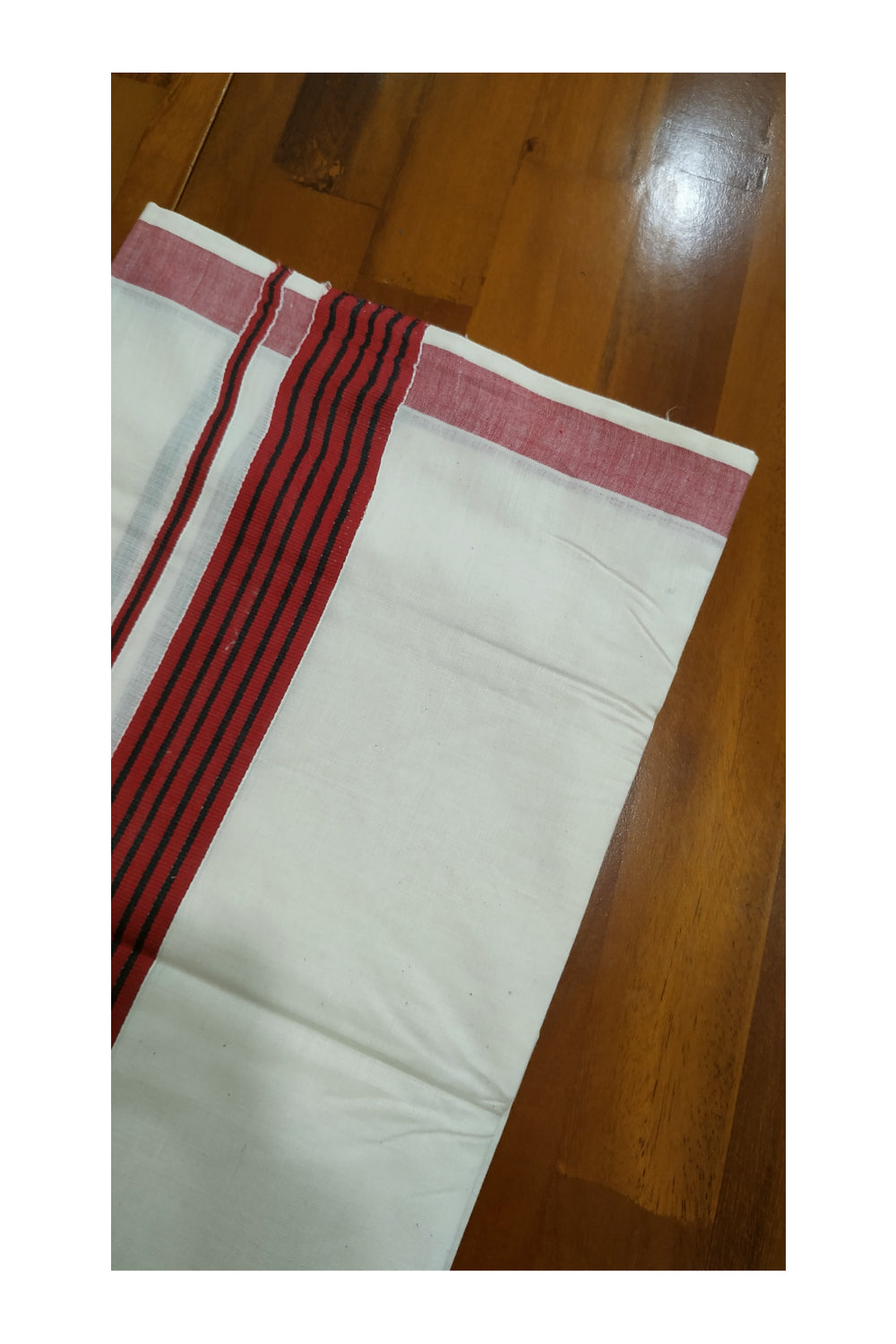 Off White Pure Cotton Mundu with Black lines on Maroon Border (South Indian Dhoti)