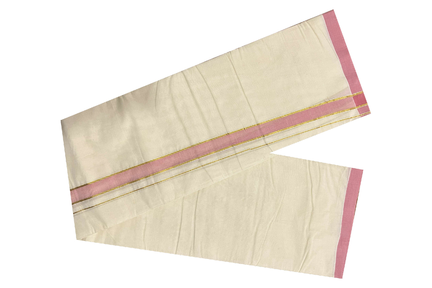 Off White Pure Cotton Double Mundu with Kasavu and Pink Kara (South Indian Dhoti)