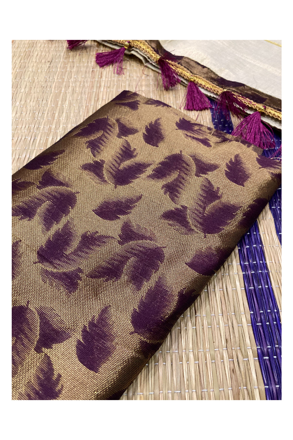 Kerala Tissue Semi Stitched Dhavani Set with Purple Designer Blouse Piece