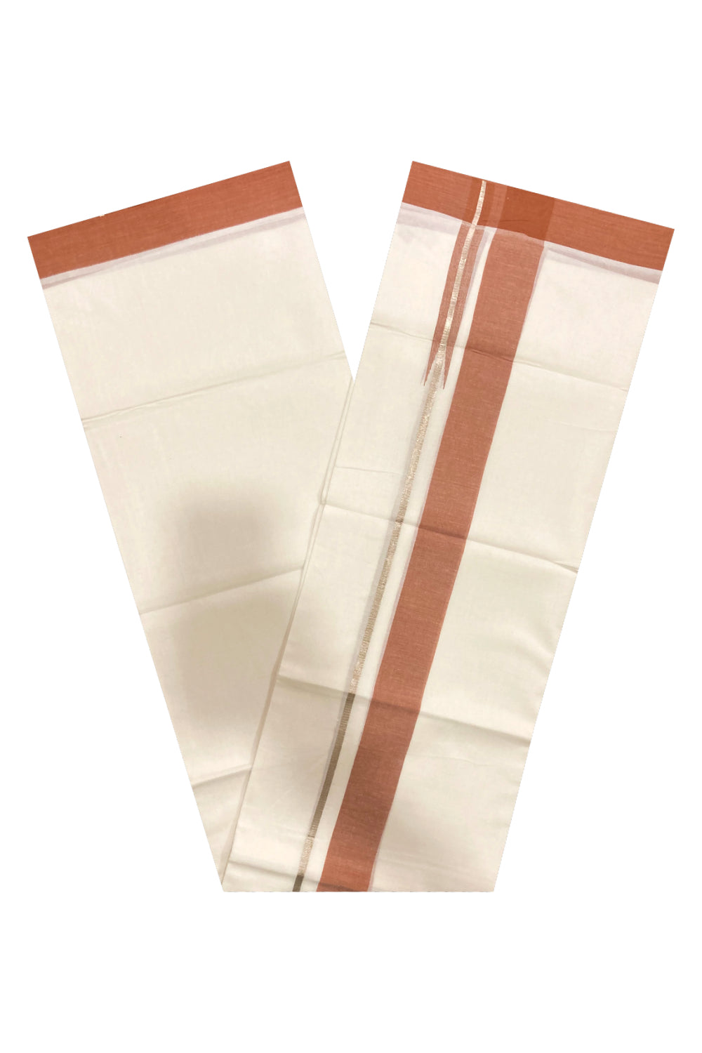 Pure White Kerala Cotton Double Mundu with Silver Kasavu and Dark Orange Border (South Indian Dhoti)