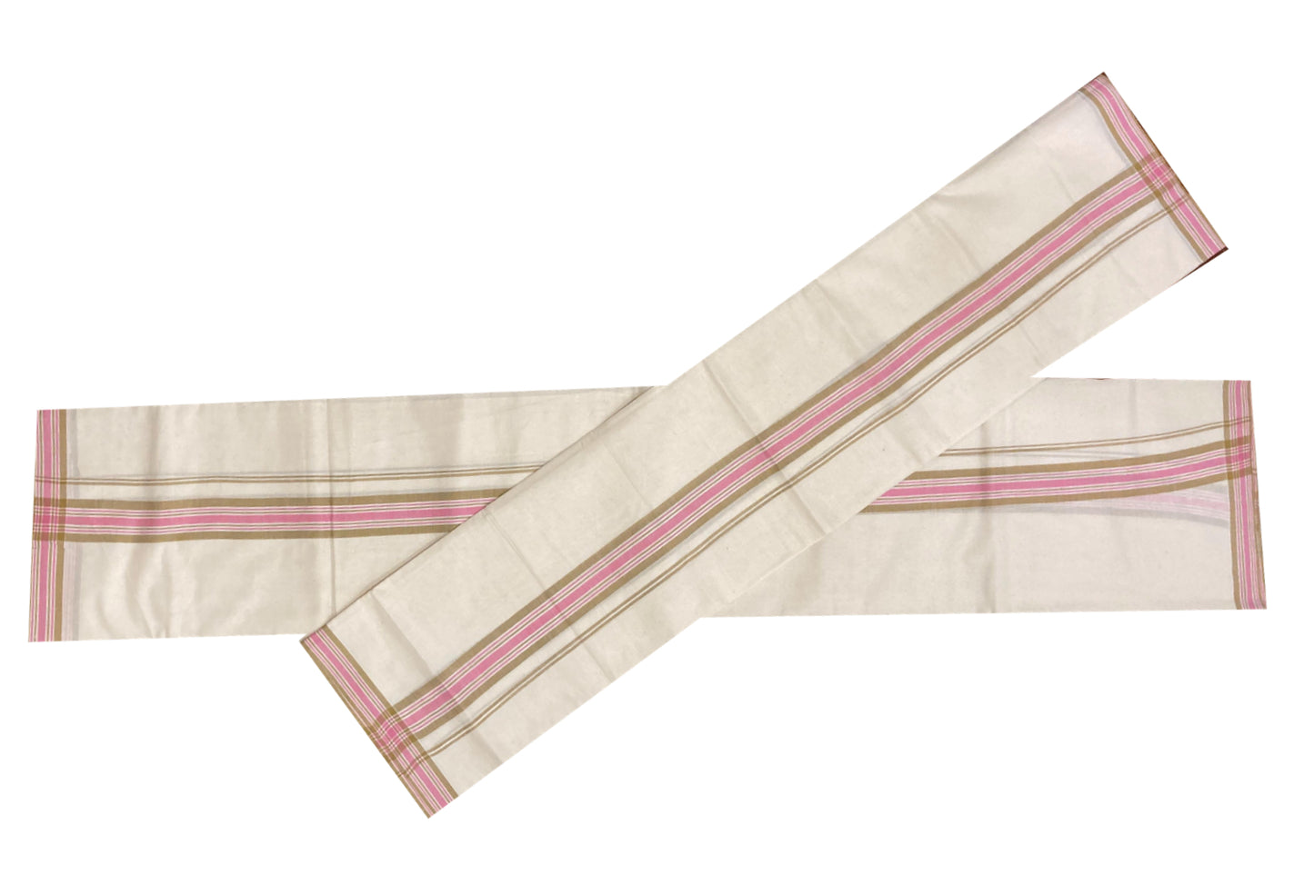 Kerala Cotton Mundum Neriyathum Single (Set Mundu) with Mulloth Design Yellow and Pink Border (Extra Soft Cotton)