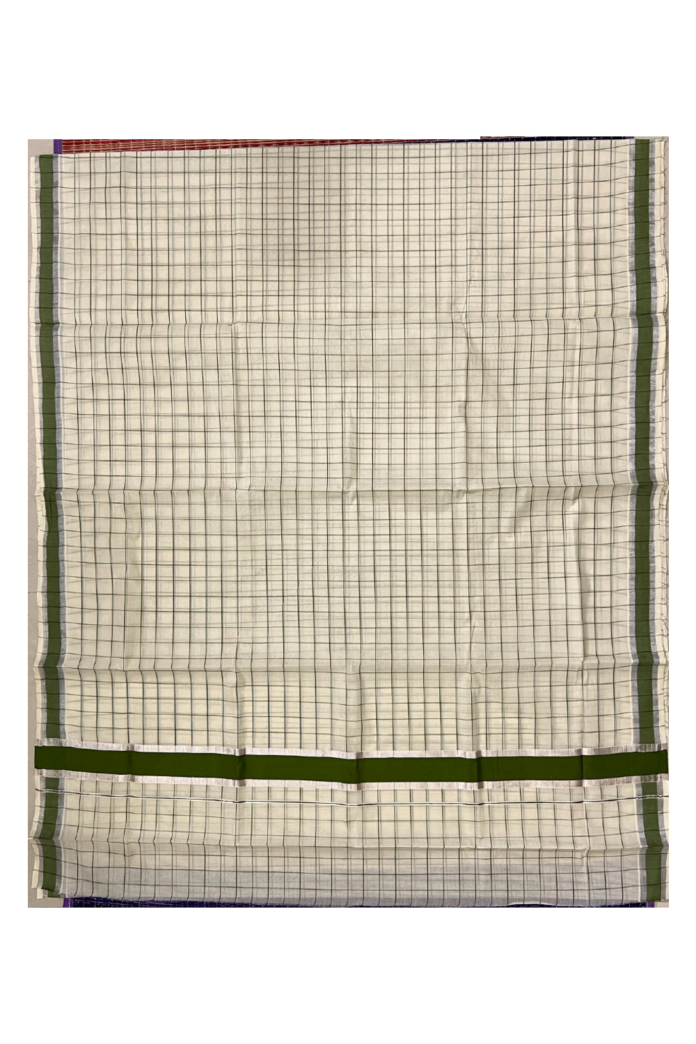 Pure Cotton Kerala Bottle Green Checkered Saree with Silver Kasavu and Bottle Green Border